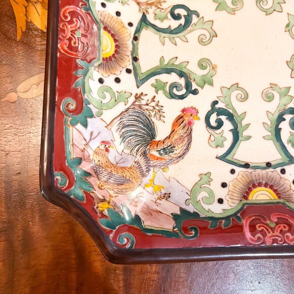 Vintage 8in Chinoiserie Asian Ceramic Rooster Square Plate Red Green Cream - Picture 3 of 8